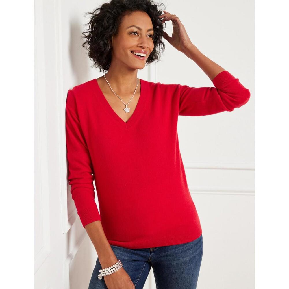 Talbots Sweater Women XL Petite Red Pure Cashmere V Neck Pullover Long‎ Sleeve